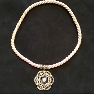 Judith Ripka Silk Cord Necklace with Sterling Silver and Rhinestone Pendant.